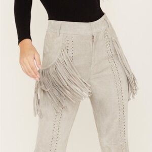WONDERWEST Gray Leather/Suede Fringe Pants